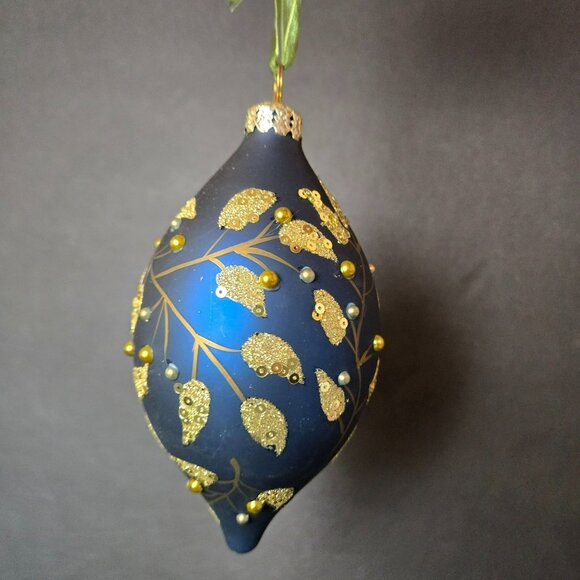 Frontgate Gold Leaf Blue Teardrop Glass Christmas Ornament Hand Decorated - Picture 4 of 8